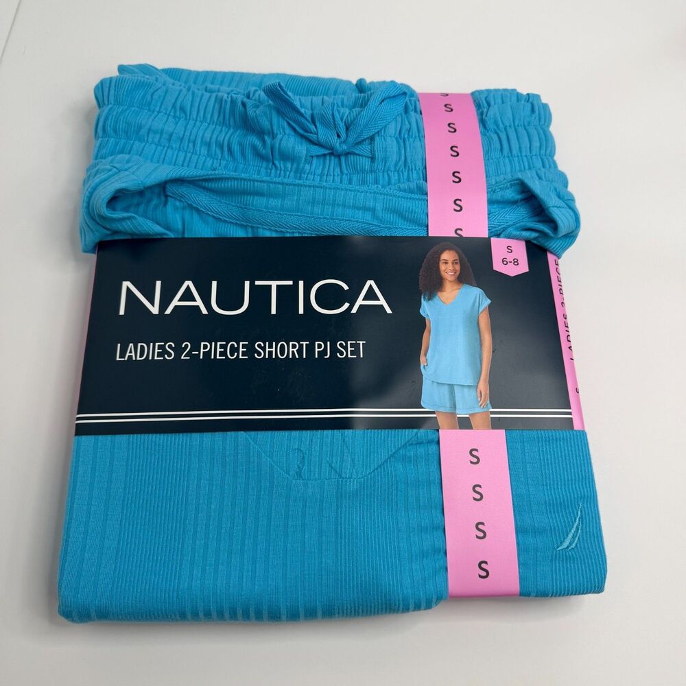 Nautica 2-Piece Short Pajama Set Very Soft V-Neck Ribbed Shorts Blue - Size S